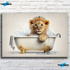 Tableau Lionceau dans un Bain en verre acrylique, vue de face sur un mur de briques blanches