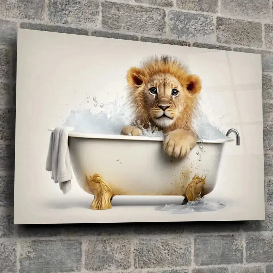 Tableau Lionceau dans un Bain en verre acrylique, fixé sur un mur de pierre