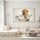 Tableau Lionceau dans un Bain en verre acrylique, accroché dans un salon lumineux au-dessus d'un canapé beige
