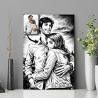 Tableau photo personnalisé style manga rétro noir et blanc encadré, portrait de couple près de plantes