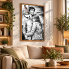 Tableau toile style manga rétro noir et blanc accroché au mur, portrait de couple, bibliothèque