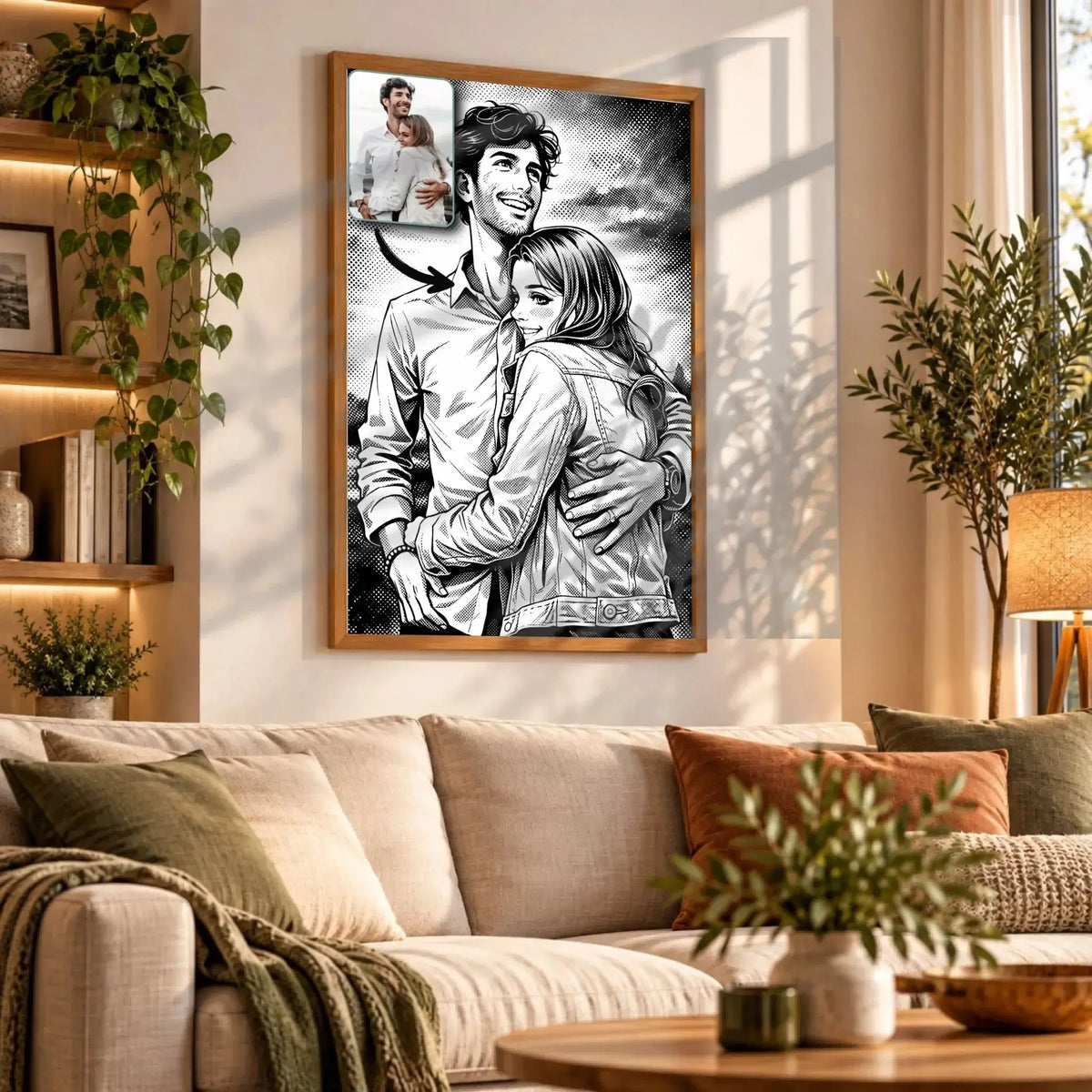 Tableau toile style manga rétro noir et blanc accroché au mur, portrait de couple, bibliothèque