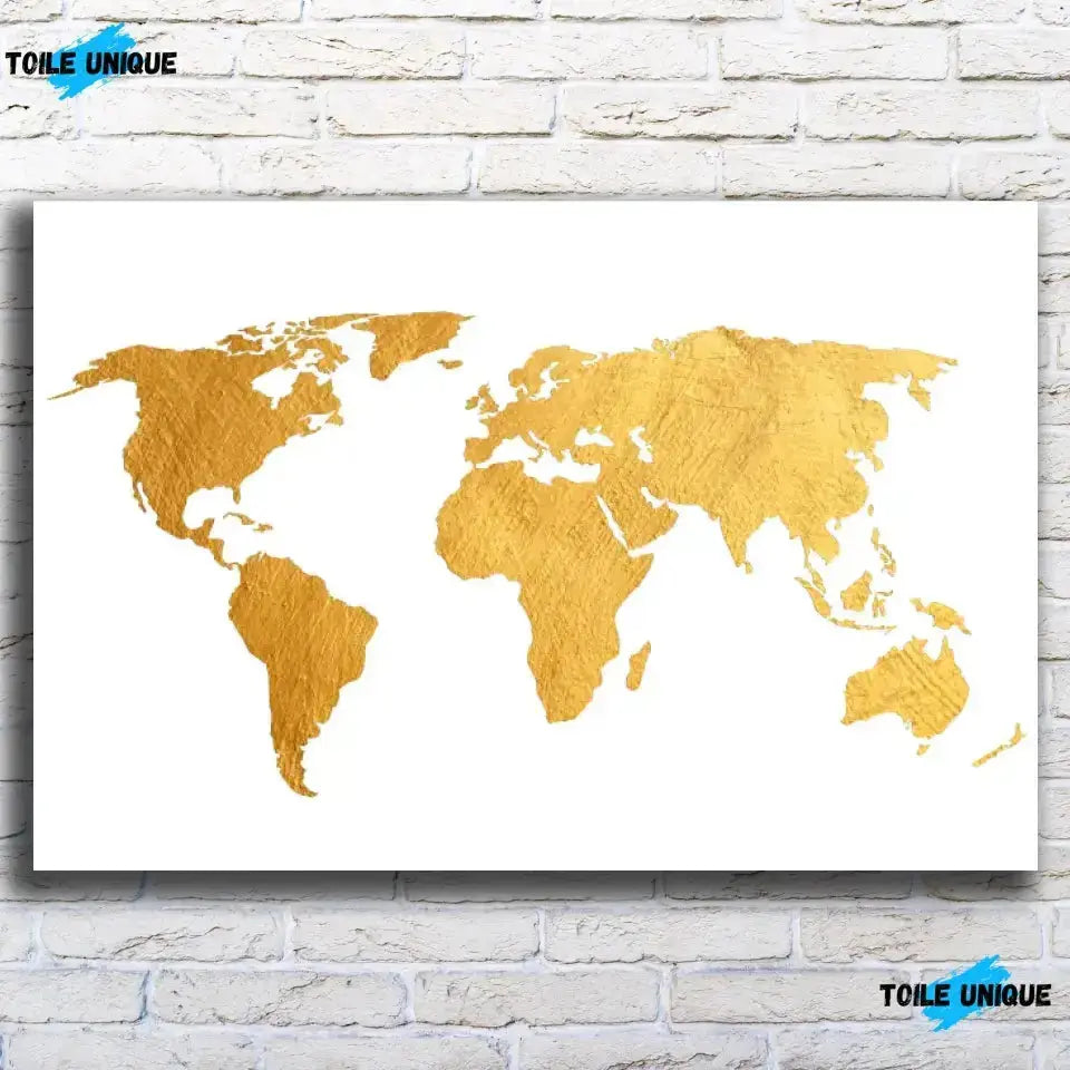 Tableau Décoratif Map Monde Fond Blanc en affiche, vue de face sur un mur de briques blanches