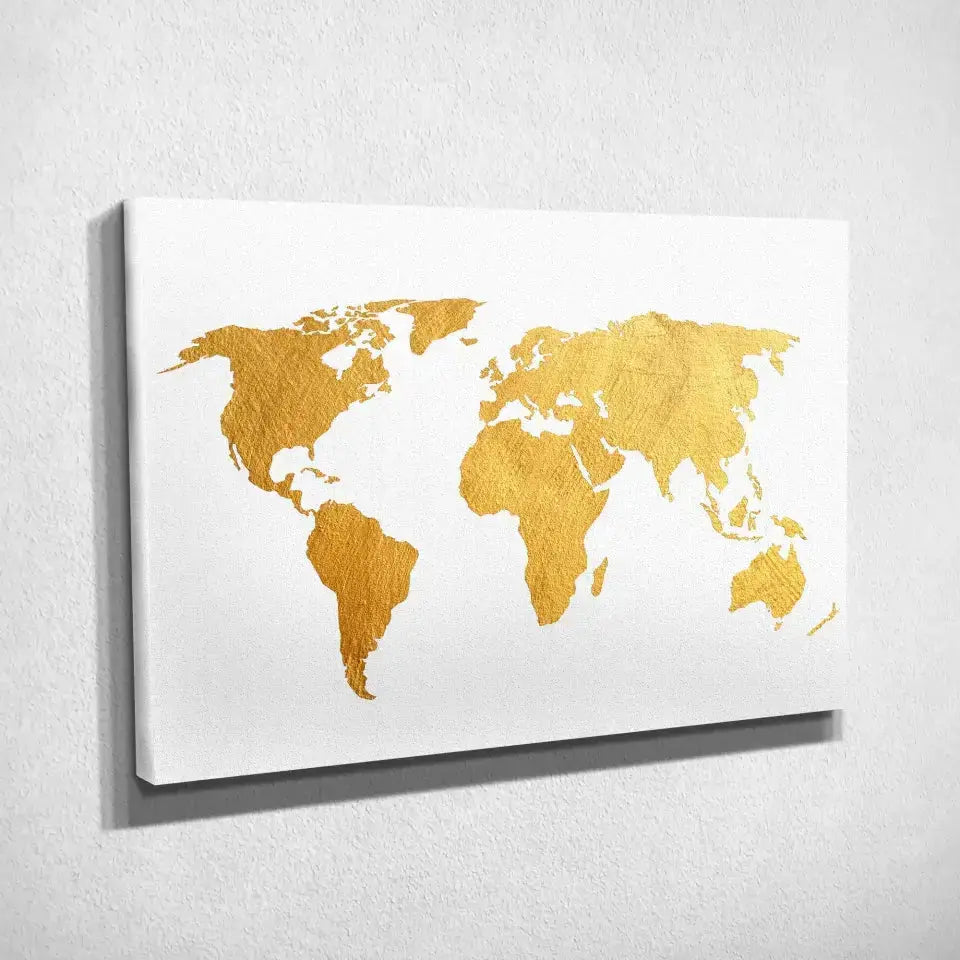 Tableau Décoratif Map Monde Fond Blanc sur toile, vue inclinée montrant l'épaisseur du châssis