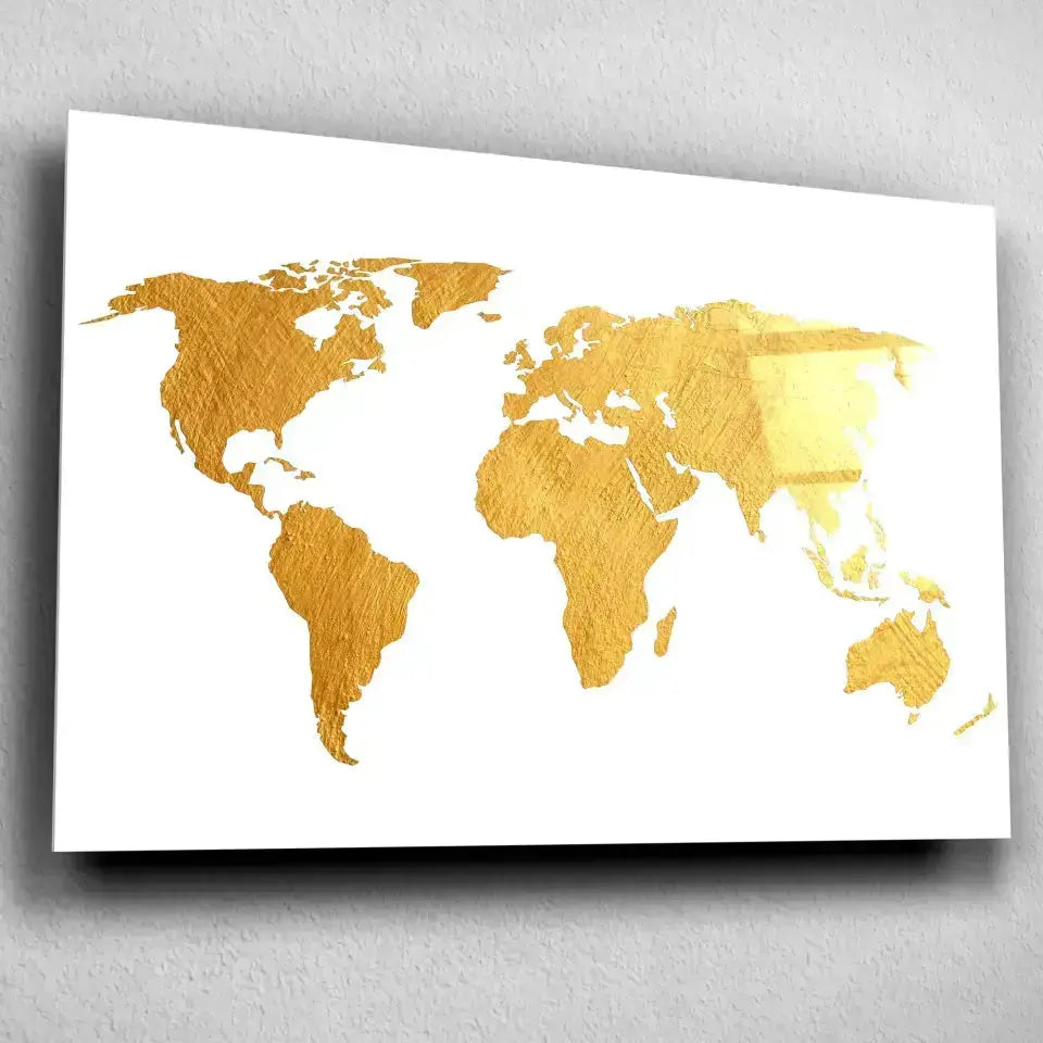Tableau Décoratif Map Monde Fond Blanc en verre acrylique, vue inclinée sur un mur gris clair