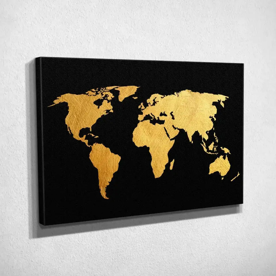 Tableau Décoratif Map Monde Fond Noir sur toile, vue inclinée montrant l'épaisseur du châssis