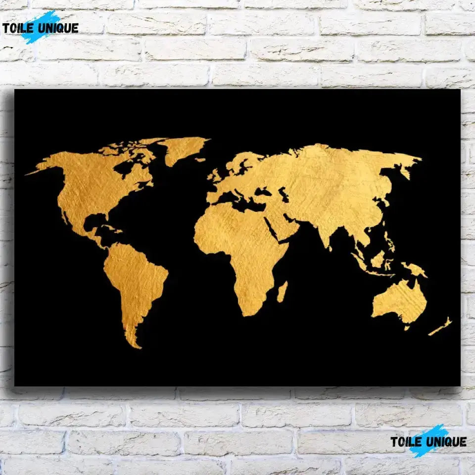 Tableau Décoratif Map Monde Fond Noir sur toile, vue de face sur un mur de briques blanches