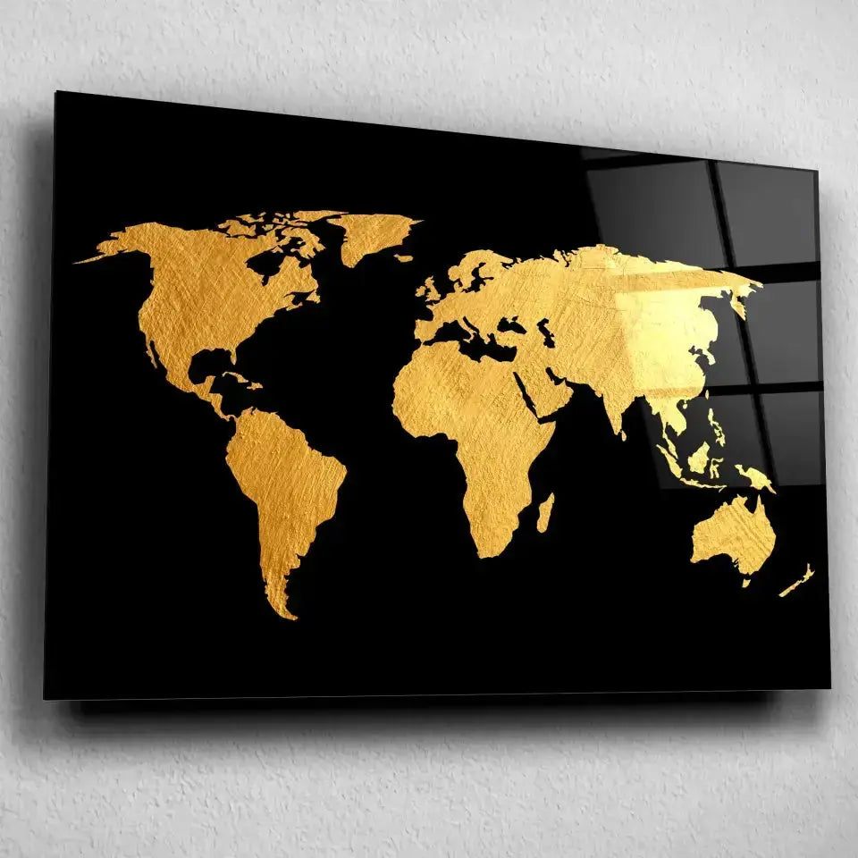 Tableau Décoratif Map Monde Fond Noir en verre acrylique, vue inclinée sur un mur gris clair