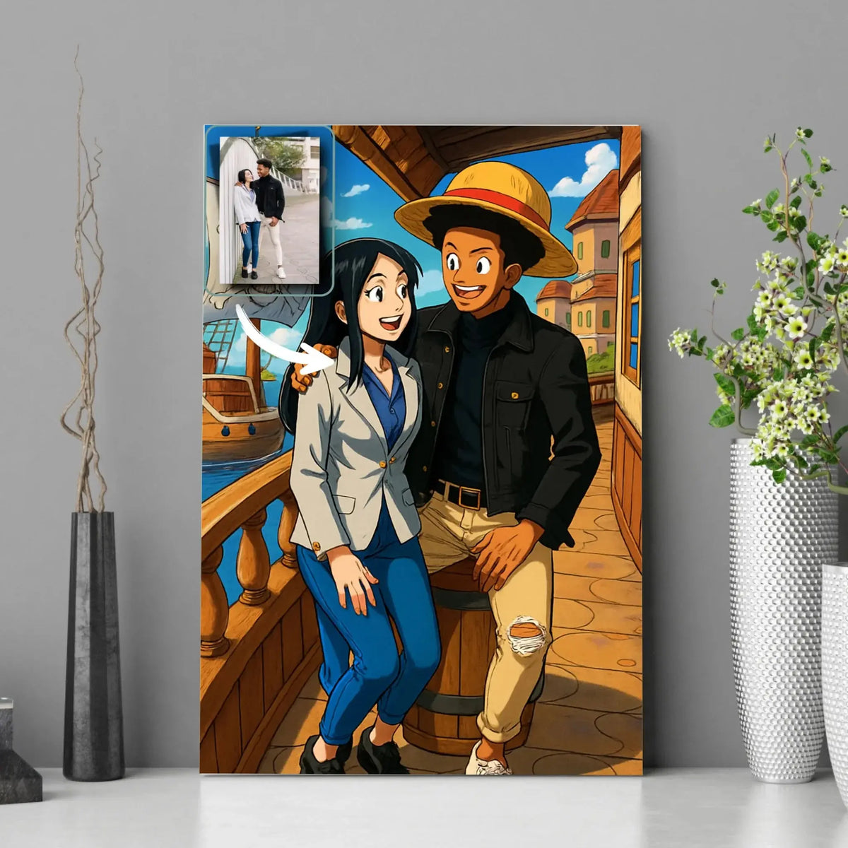 Tableau photo personnalisé style One Piece encadré, portrait de couple près de plantes
