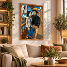 Tableau toile style One Piece accroché au mur, portrait de couple, bibliothèque