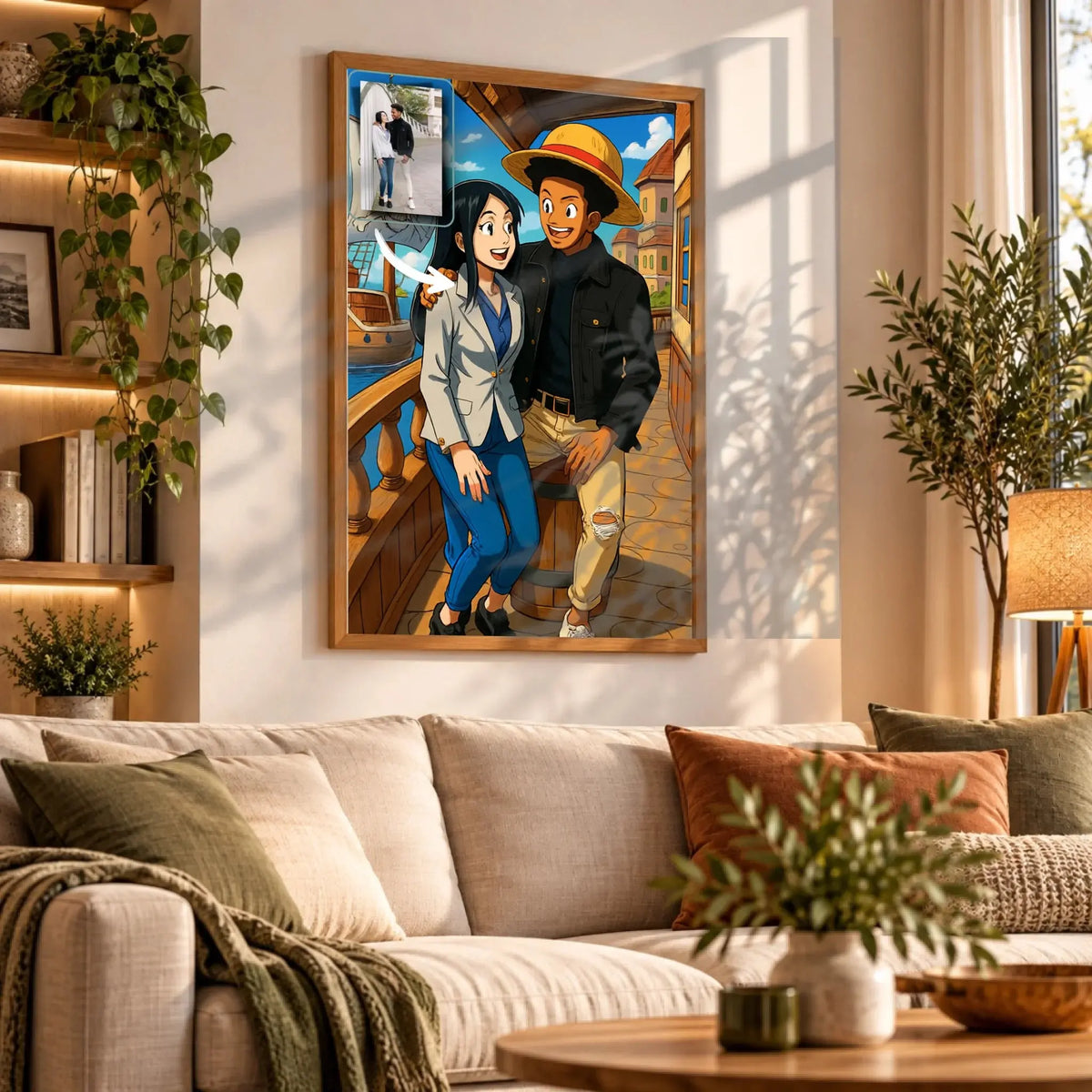 Tableau toile style One Piece accroché au mur, portrait de couple, bibliothèque