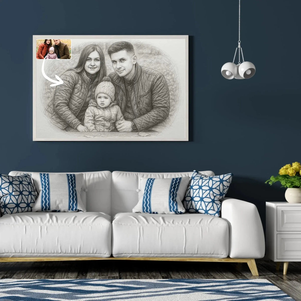 Tableau paysage effet dessin au crayon graphite dans un salon au canapé blanc, portrait de famille