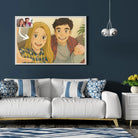 Tableau paysage style anime japonais Ghibli dans un salon au canapé blanc, portrait de famille