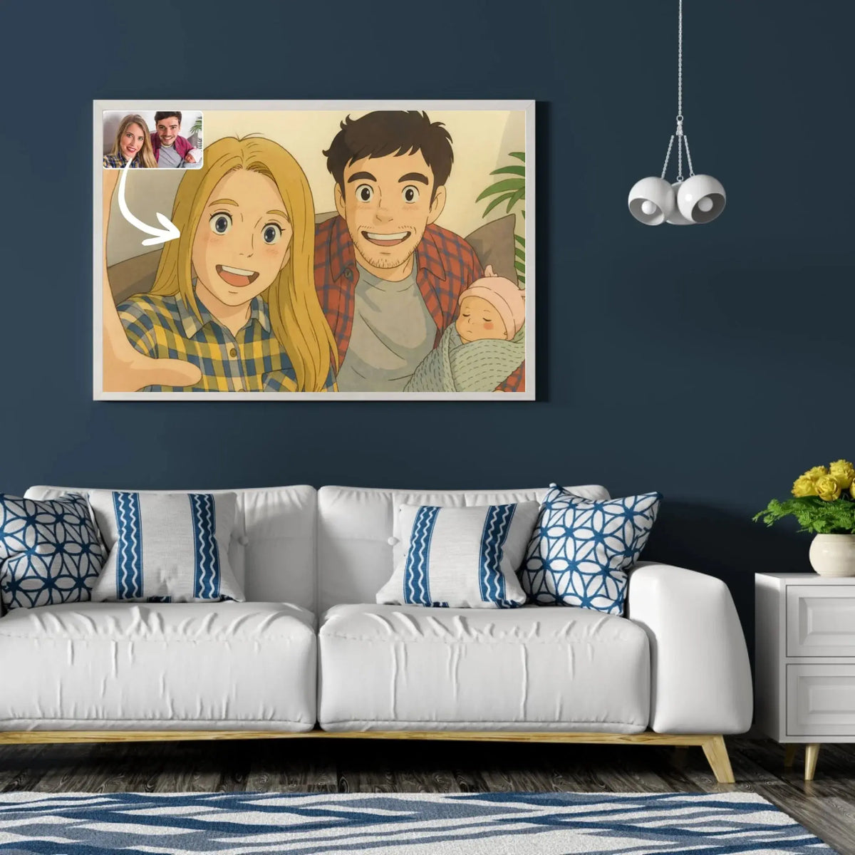 Tableau paysage style anime japonais Ghibli dans un salon au canapé blanc, portrait de famille