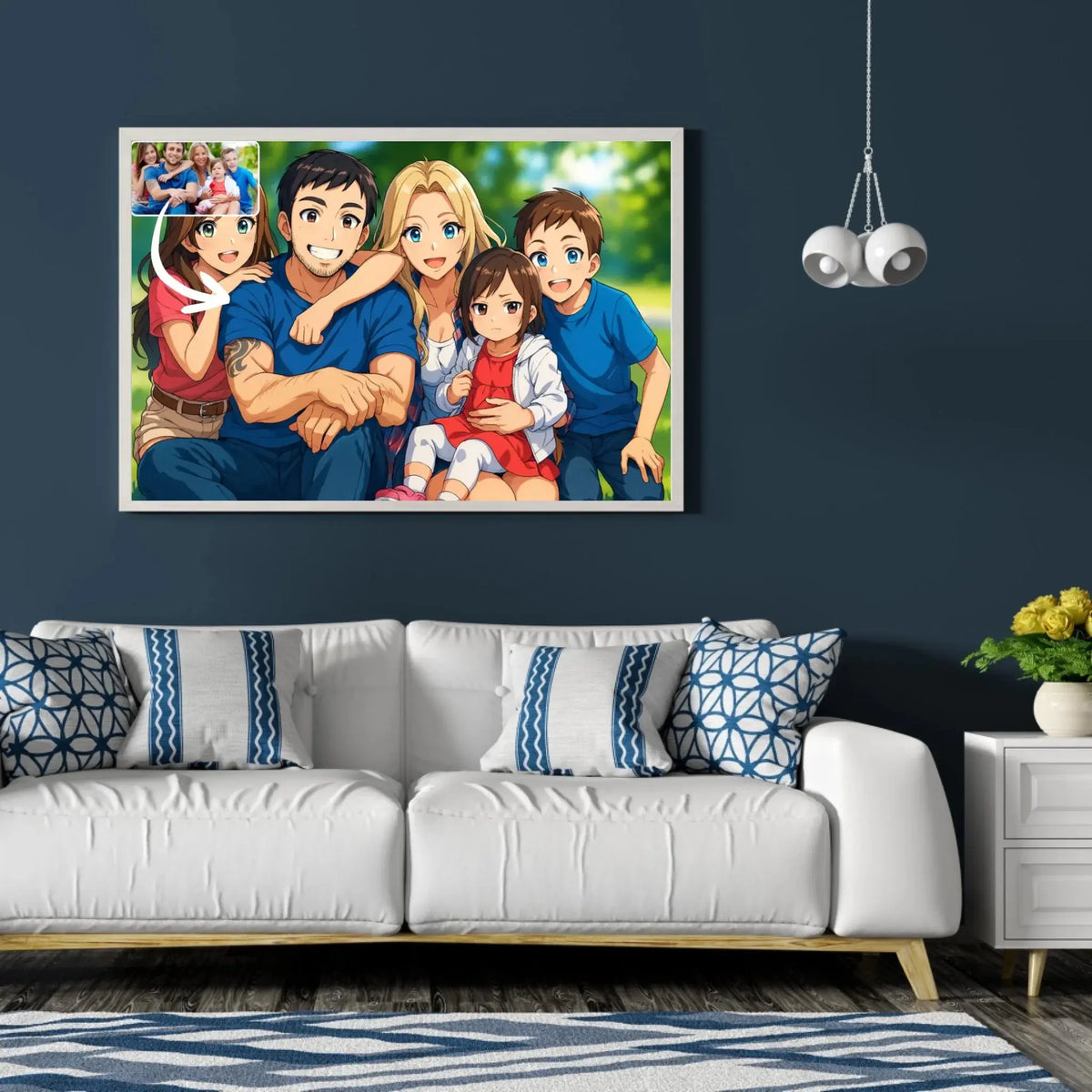 Tableau paysage style anime japonais manga dans un salon au canapé blanc, portrait de famille