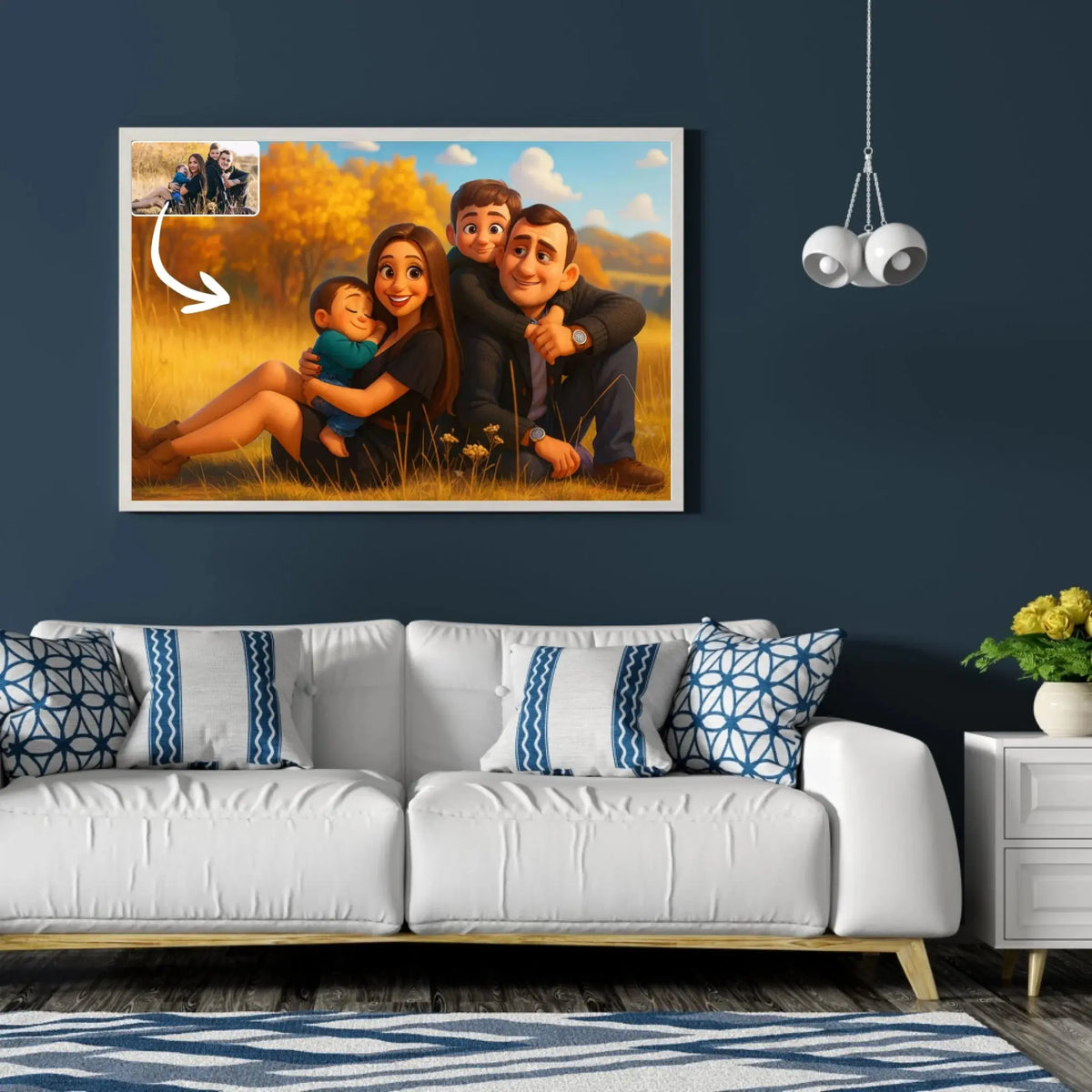 Tableau paysage style anime Pixar 3D dans un salon au canapé blanc, portrait de famille