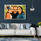 Tableau paysage style caricature dans un salon au canapé blanc, portrait de groupe d'amis