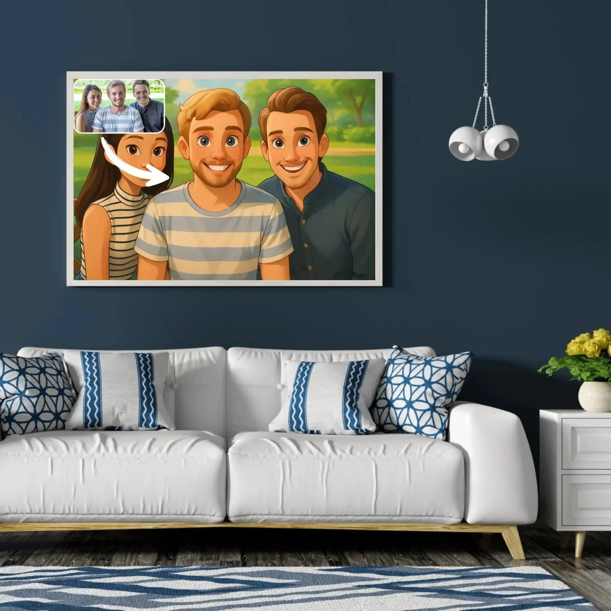 Tableau paysage style Disney dans un salon au canapé blanc, portrait de groupe d'amis