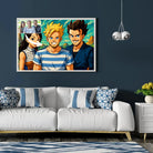 Tableau paysage style Dragon Ball dans un salon au canapé blanc, portrait de groupe d'amis