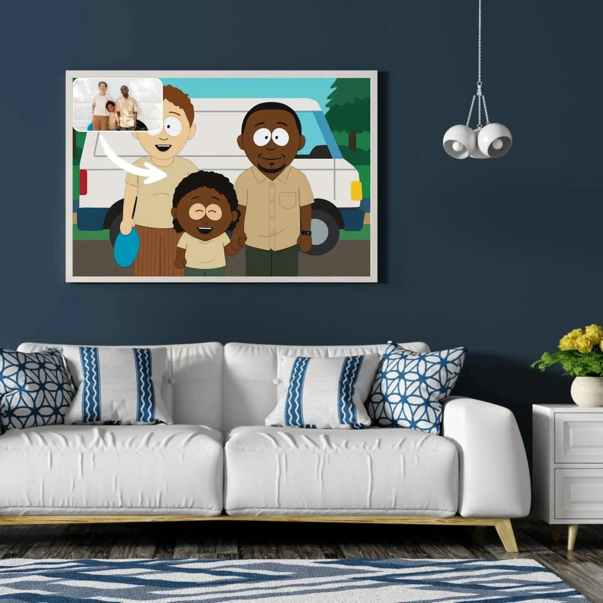 Tableau paysage style South Park dans un salon au canapé blanc, portrait de famille