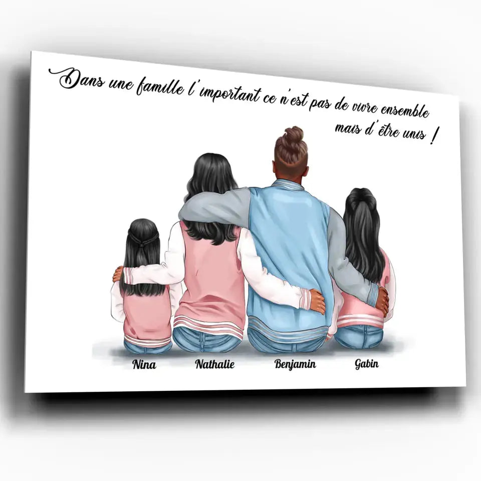Tableau personnages famille personnalisé (2 enfants), exemple avec prénoms différents, gros plan incliné