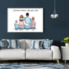 Tableau personnages famille personnalisé (2 enfants) accroché au mur, salon bleu foncé