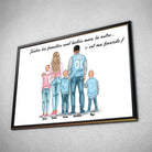 Tableau personnages famille personnalisé (3 enfants) dans un cadre noir, incliné