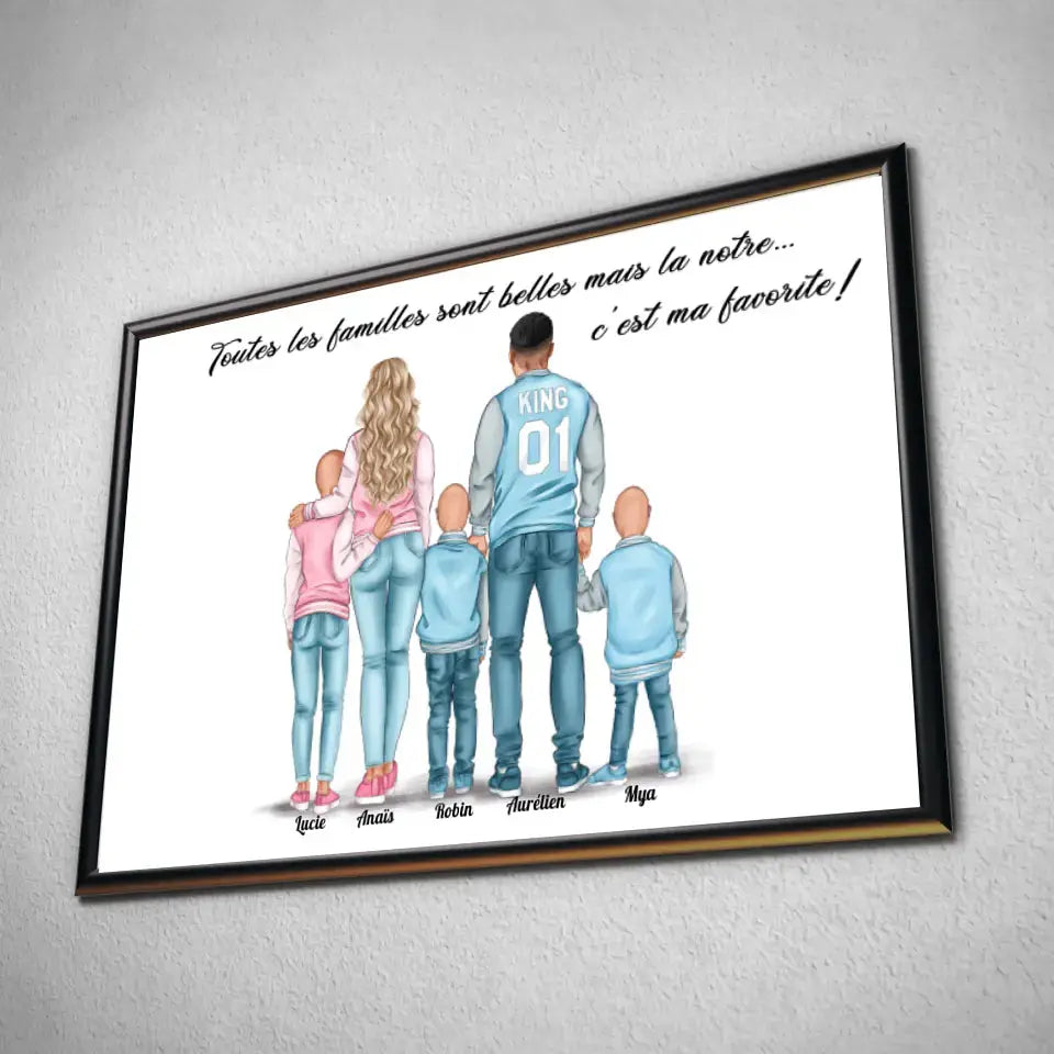 Tableau personnages famille personnalisé (3 enfants) dans un cadre noir, incliné
