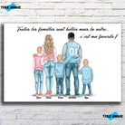 Tableau personnages famille personnalisé (3 enfants), vue de face sur mur de briques blanches