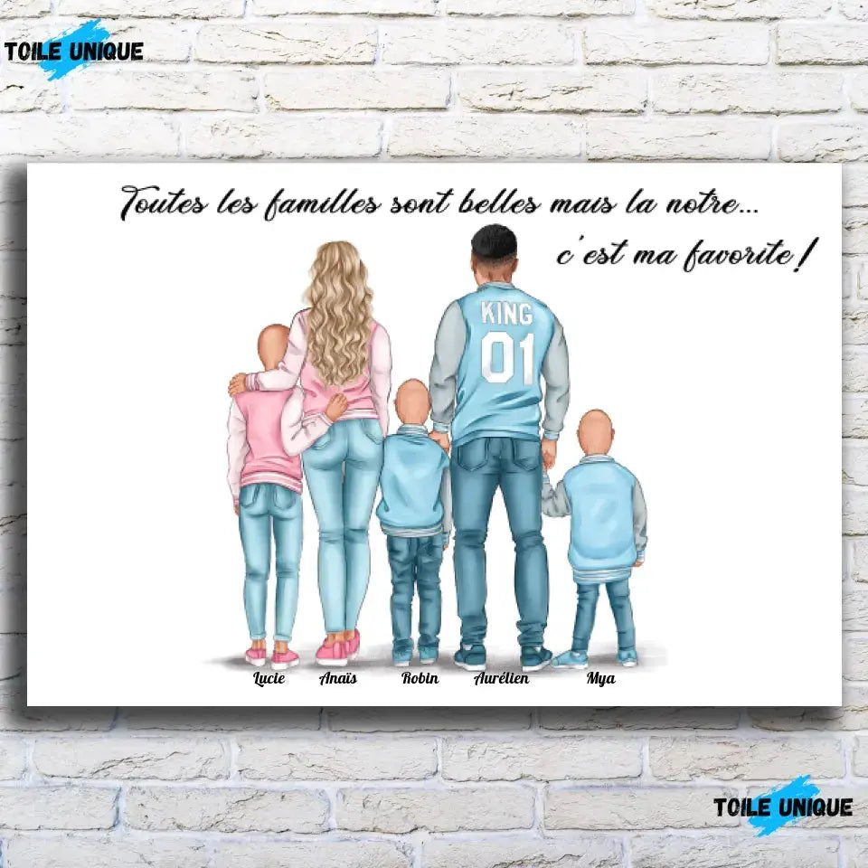Tableau personnages famille personnalisé (3 enfants), vue de face sur mur de briques blanches