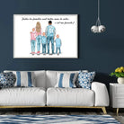 Tableau personnages famille personnalisé (3 enfants) accroché au mur, salon bleu foncé