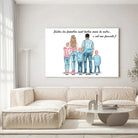 Tableau personnages famille personnalisé (3 enfants) accroché au mur, salon canapé blanc
