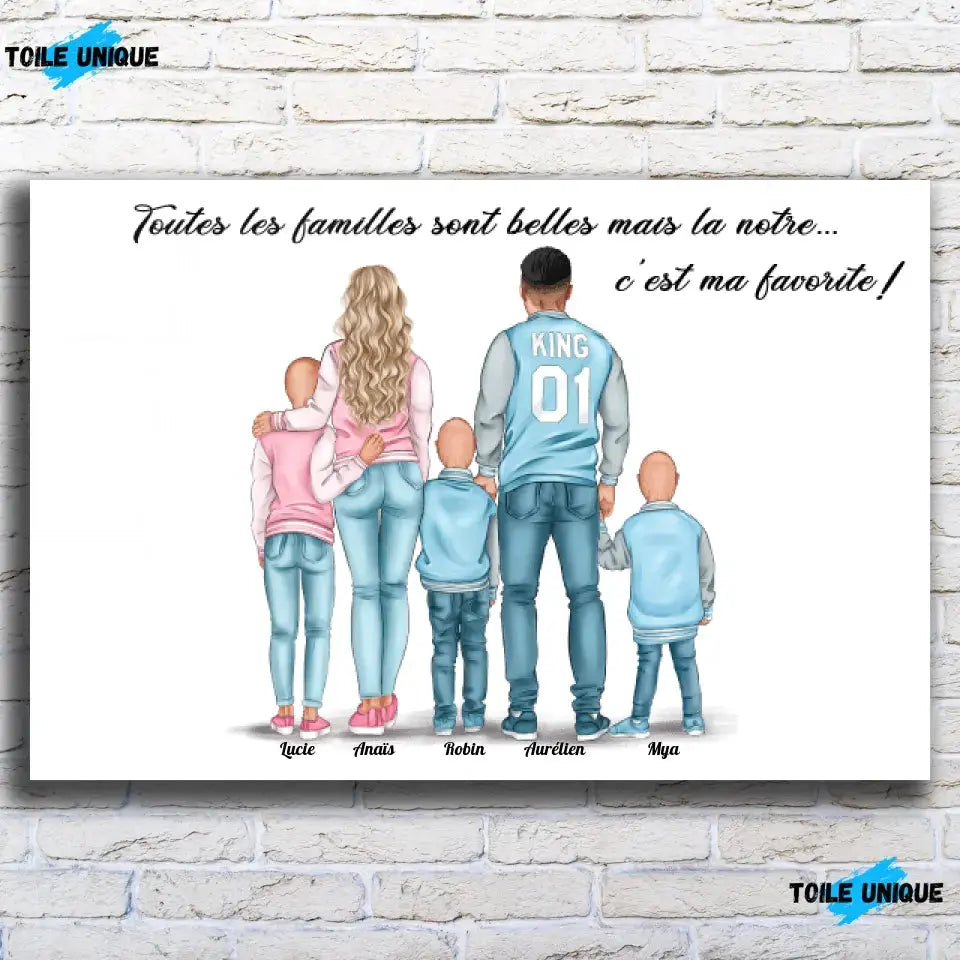 Tableau personnages famille personnalisé (3 enfants) accroché au mur, salon, variante