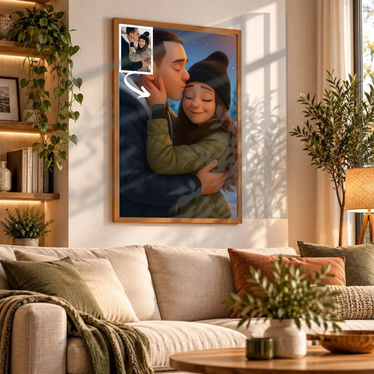 Tableau toile style anime Pixar 3D accroché au mur, portrait de couple, bibliothèque