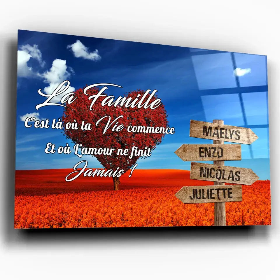 Tableau prénoms personnalisé arbre cœur, toile inclinée gros plan, cadeau de famille