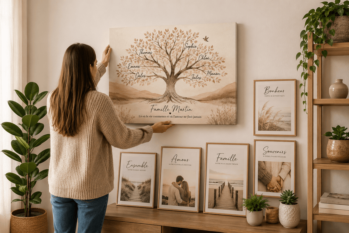 Femme accrochant un tableau prénoms arbre de vie sur un mur décoré d'affiches encadrées