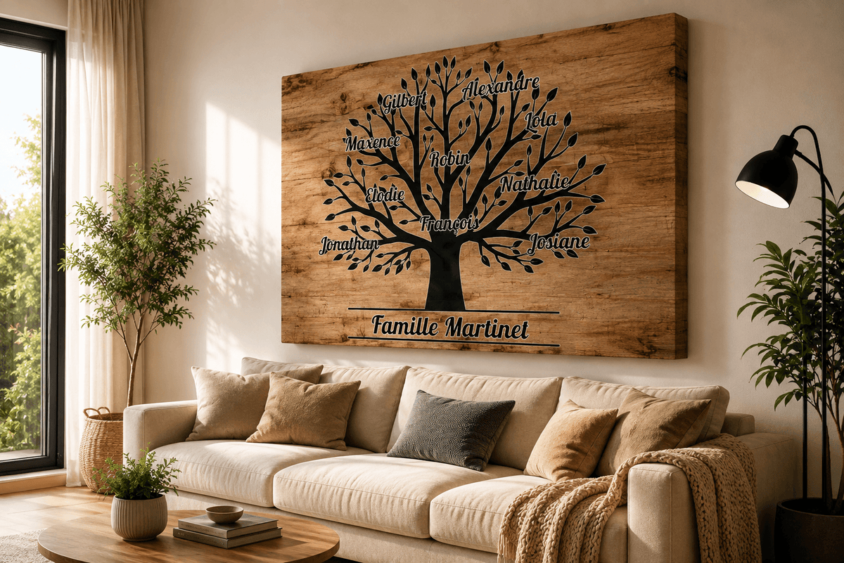 Tableau prénoms arbre de vie sur bois accroché au-dessus d'un canapé dans un salon lumineux