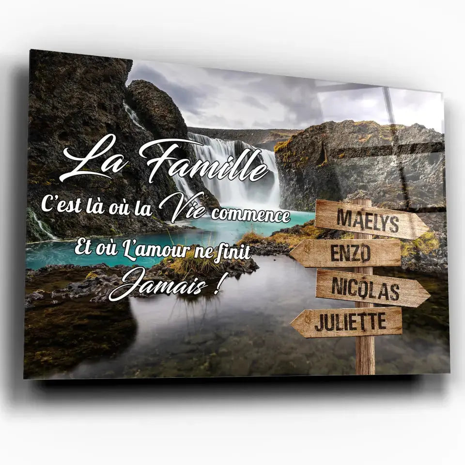 Tableau prénoms personnalisé cascade d'eau, toile inclinée gros plan, cadeau de famille