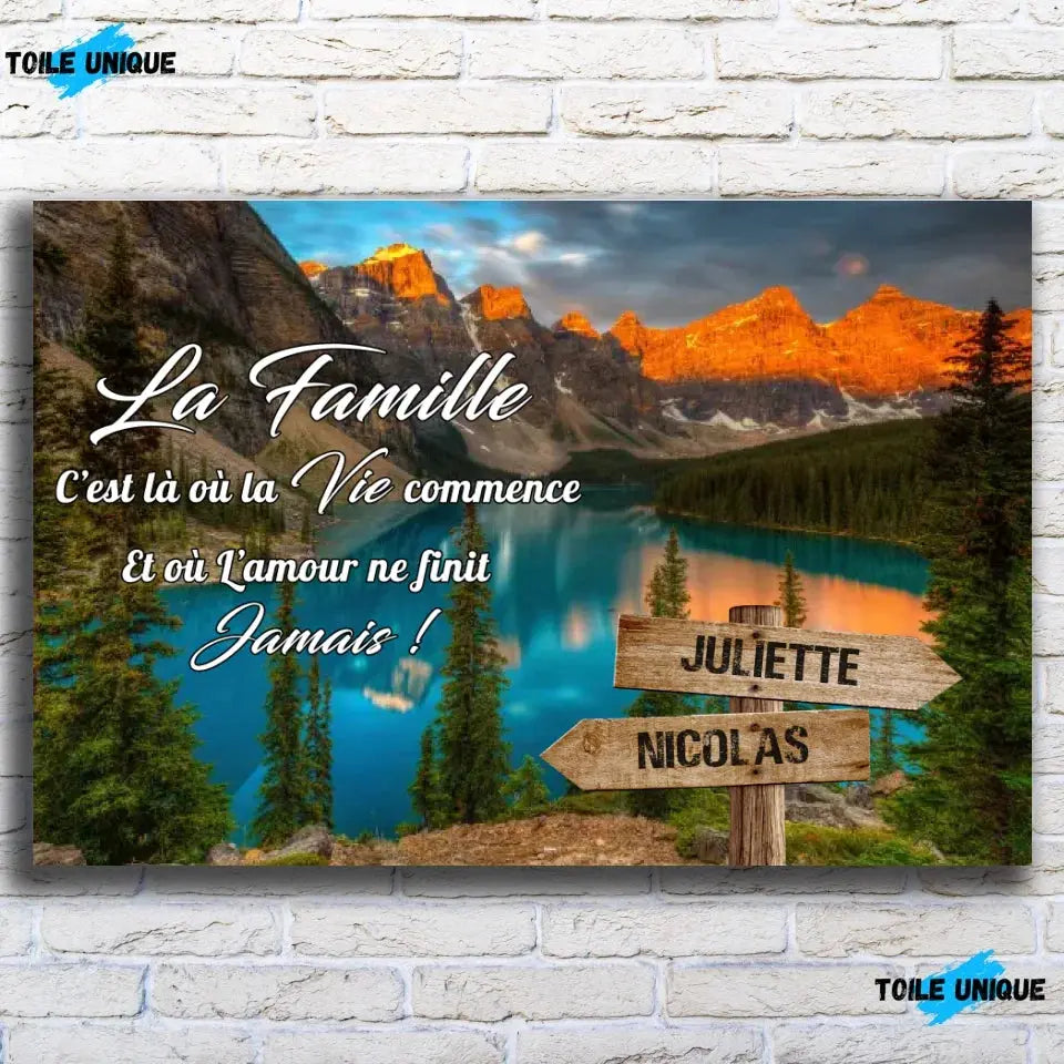 Tableau prénoms personnalisé Lac bleuté, vue de face sur mur de briques blanches