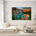 Tableau prénoms personnalisé Lac bleuté accroché au mur, salon canapé blanc