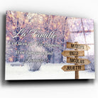 Tableau prénoms personnalisé paysage enneigé, toile inclinée gros plan, cadeau de famille