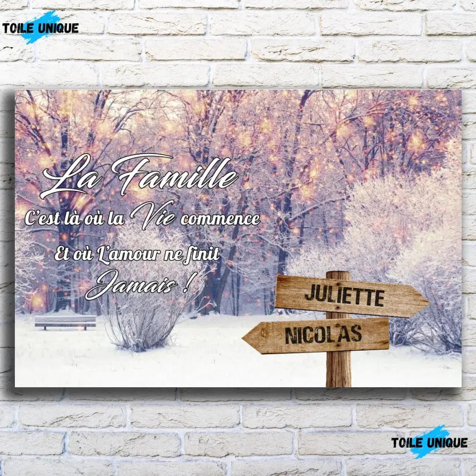 Tableau prénoms personnalisé paysage enneigé, vue de face sur mur de briques blanches