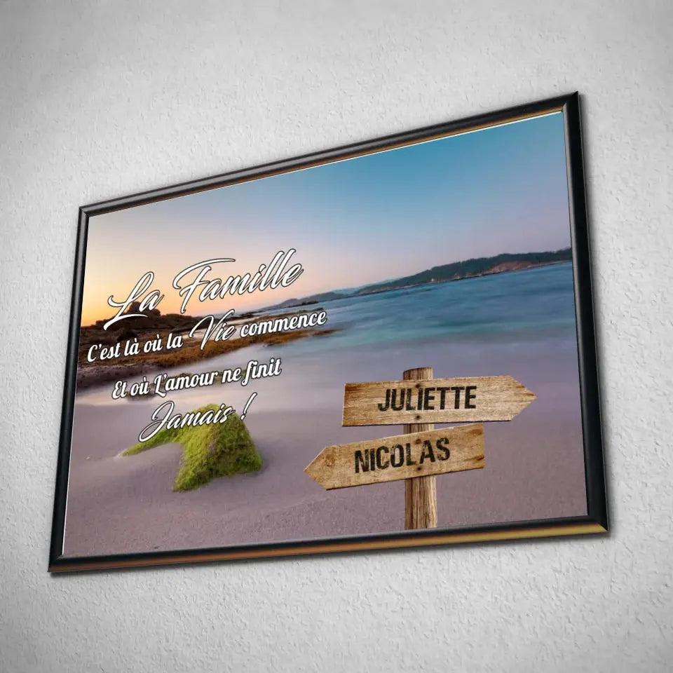 Tableau prénoms personnalisé plage et algues dans un cadre noir, incliné
