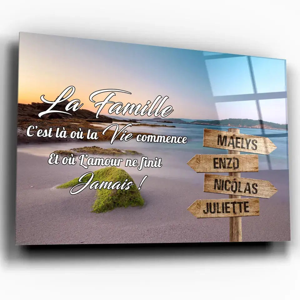 Tableau prénoms personnalisé plage et algues, toile inclinée gros plan, cadeau de famille