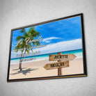 Tableau prénoms personnalisé plage et cocotiers dans un cadre noir, incliné