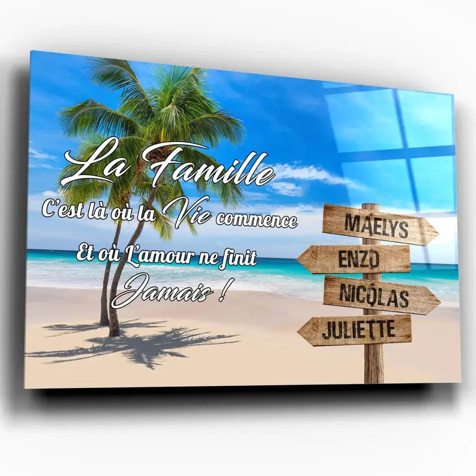 Tableau prénoms personnalisé plage et cocotiers, toile inclinée gros plan, cadeau de famille