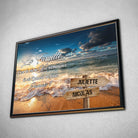 Tableau prénoms personnalisé plage et coucher de soleil dans un cadre noir, incliné