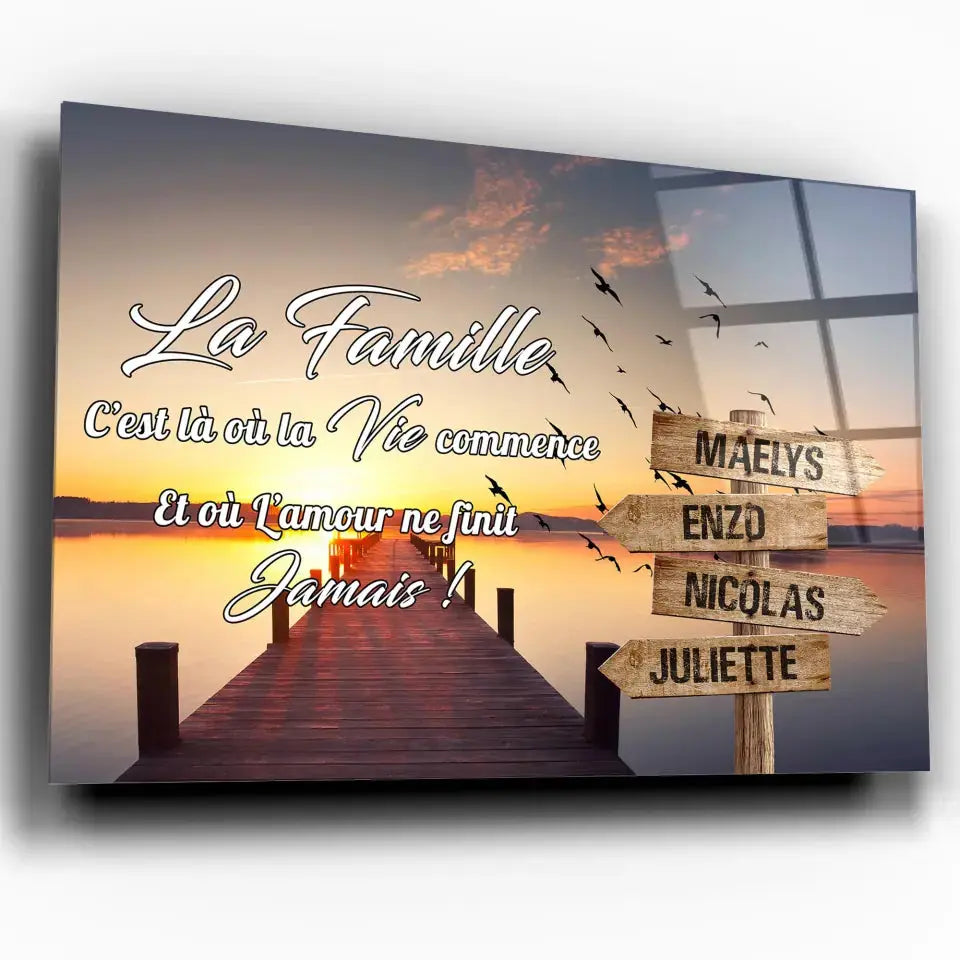 Tableau prénoms personnalisé ponton en bois, toile inclinée gros plan, cadeau de famille
