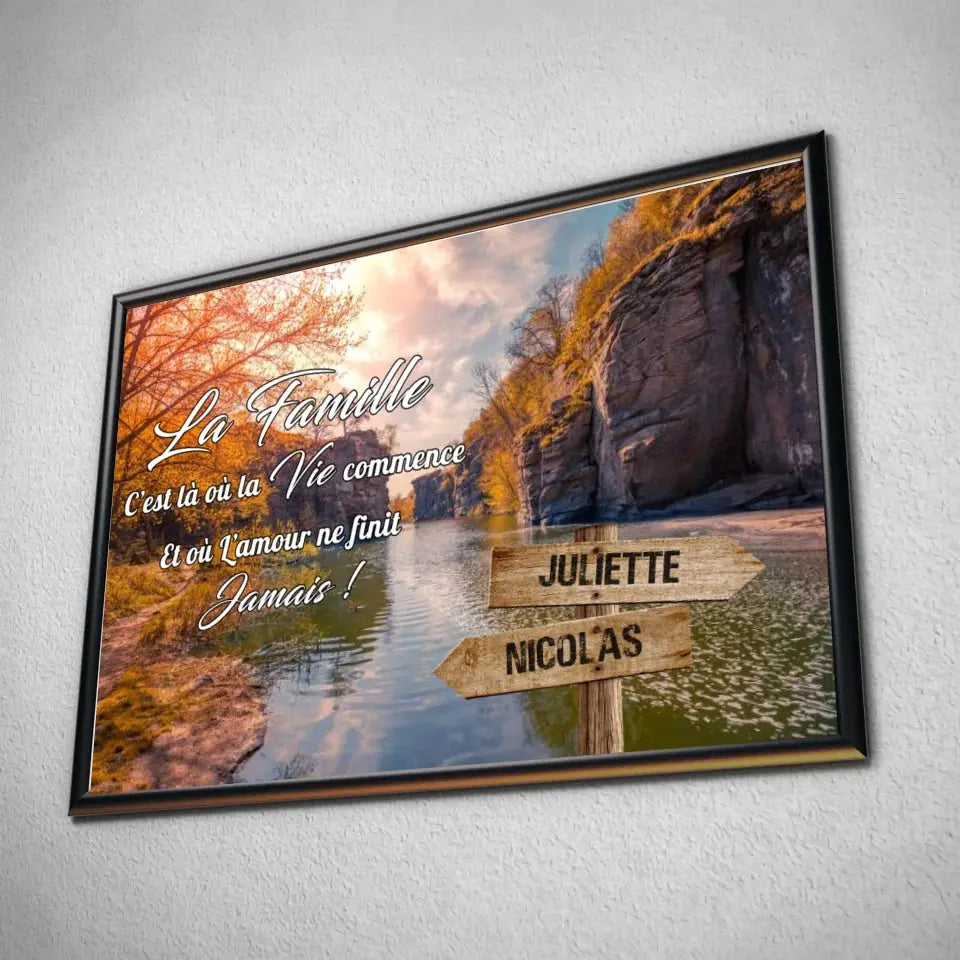 Tableau prénoms personnalisé rivière dans un cadre noir, incliné