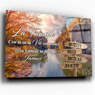 Tableau prénoms personnalisé rivière, toile inclinée gros plan, cadeau de famille